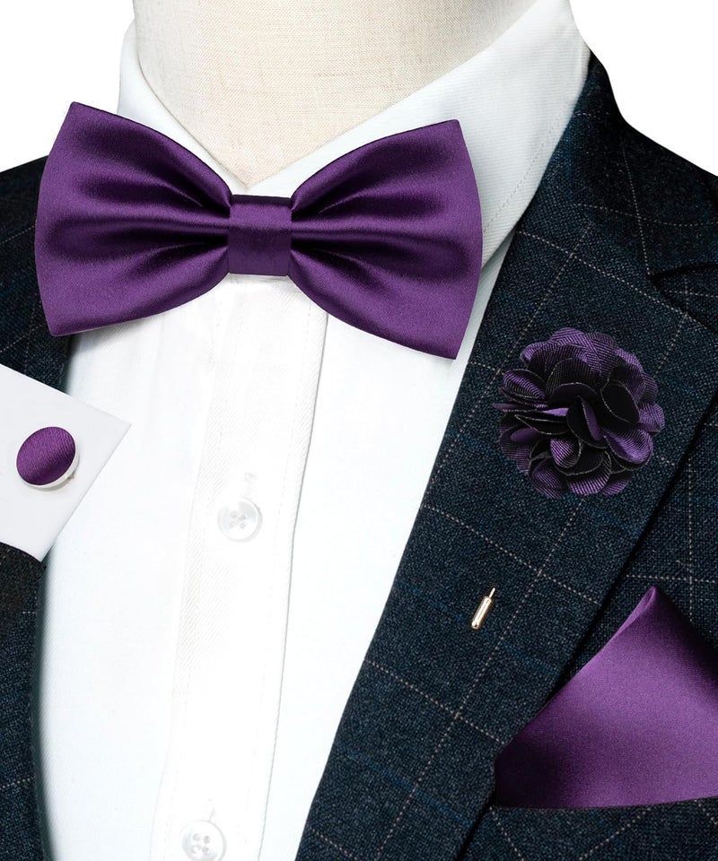 RBOCOTT Solid Color Bow Tie and Pocket Square with Lapel Pin Cufflinks Set 4PCS - Image 2